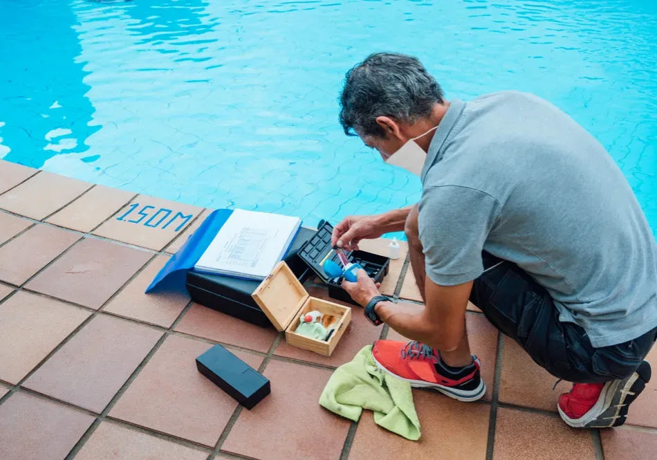 Man,Checked,The,Ph,Of,The,Pool,Water,Using,Electronic